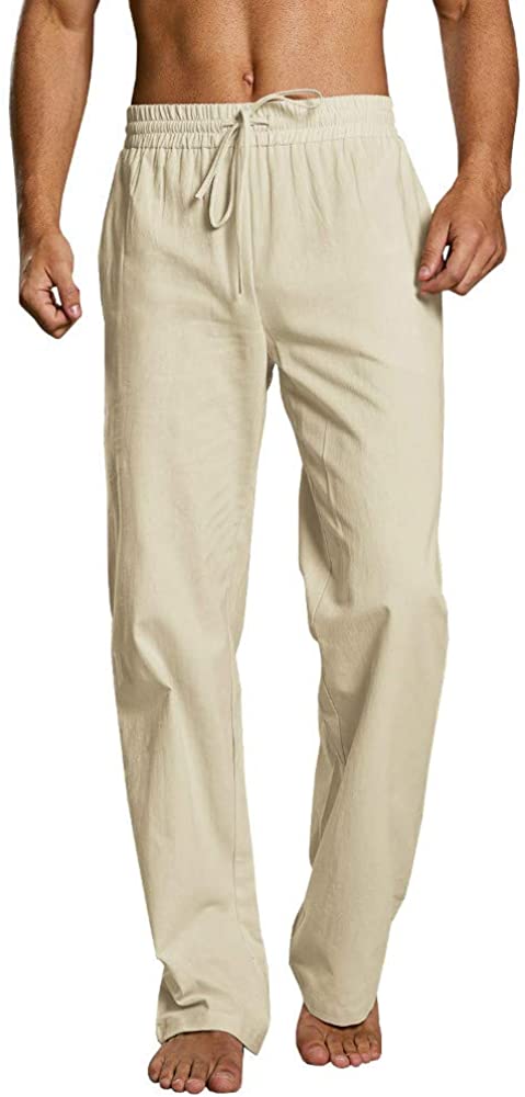 Karlywindow Mens Casual Linen Pants Loose Fit Drawstring Elastic Waist Lightweight Yoga Beach Trousers