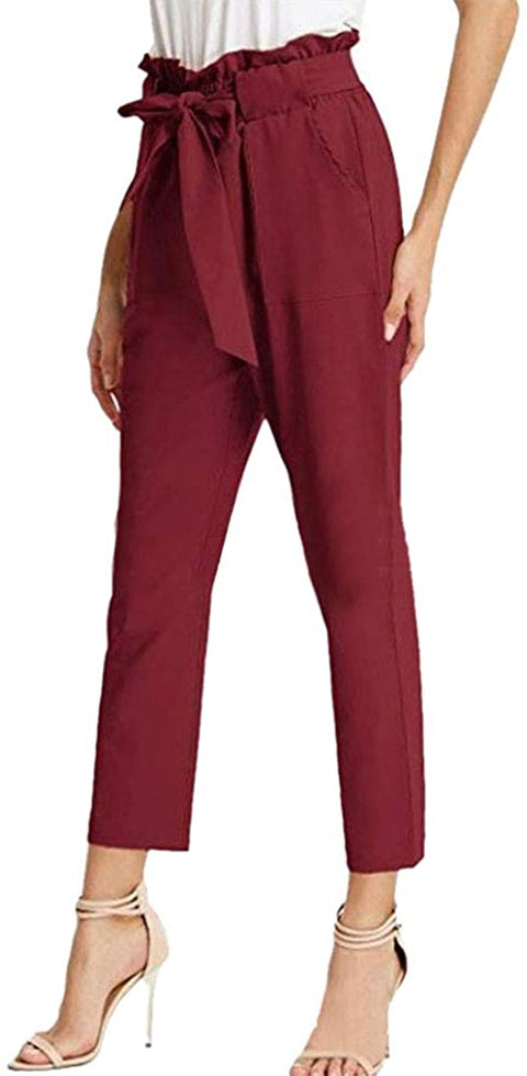 Women's Chic Elastic High Waisted Pull On Straight Leg Casual Ankle Work Pants