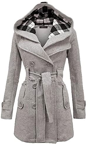 Women's Fleece Check Hooded Pea Coat Winter Double Breast Belted Wool Jacket
