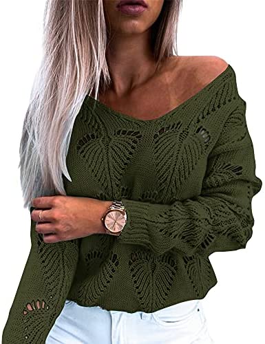 Women Leaf Hollow Crochet Sweater Knitwear V-Neck Loose Casual Long Sleeve Pullover Top