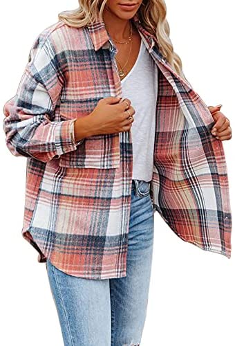 Women's Flannel Plaid Shirts Long Sleeve Lapel Button Down Pocketed Shacket Jacket Coats