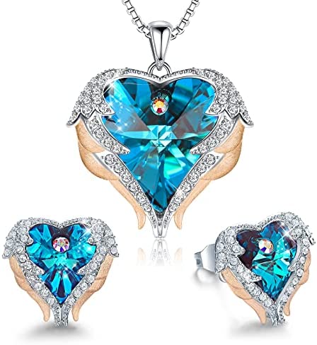 Angel Wing Love Heart Necklaces and Earrings Silver Jewelry Sets