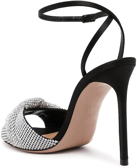 FSJ Women Floral Open Toe Bowknot Stylish Stiletto High Heel Sandals Adjustable Ankle Strap Buckle Pumps Fashion Rhinestones Studded Slingback Wedding Prom Shoes Size 4-15 US