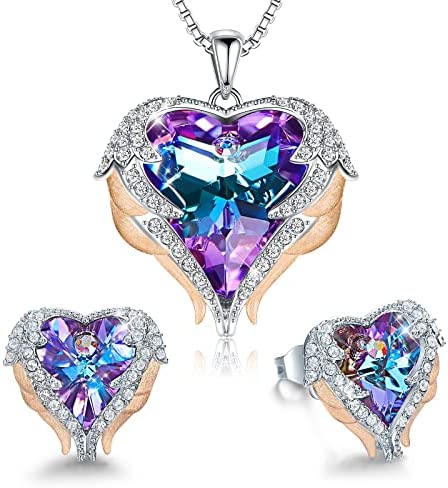 Angel Wing Love Heart Necklaces and Earrings Silver Jewelry Sets