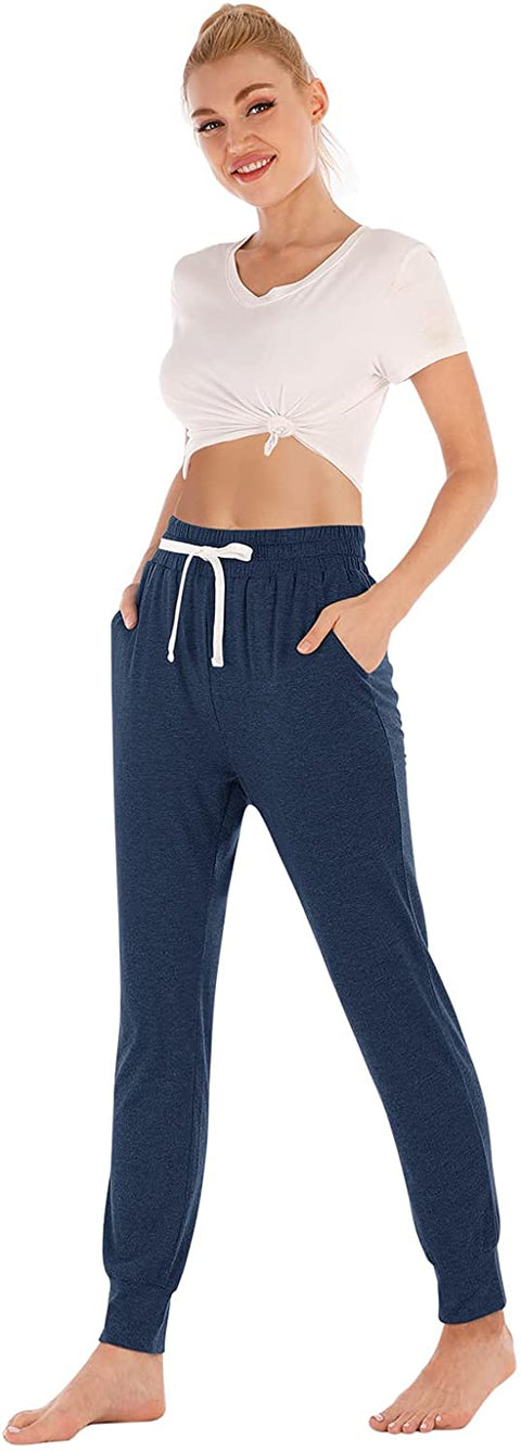 Yoga Pants with Pockets for Women Drawstring High Waisted Pants Loose Workout Joggers Pants Navy Blue Small