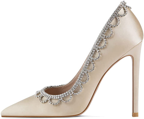 FSJ Women Fashion Rhinestone Chain Pendant Sexy Stilettos High Heels Wedding Pointed Toe Slip On Pump Party Office Dress Shoes Size 4-15 US