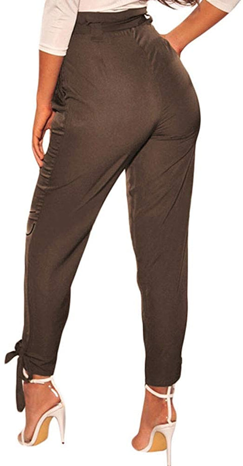 Women's High Waist Belt Wrapped Leg Pants Casual Comfy Slim Trousers