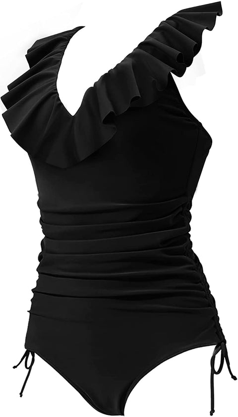 Zwurew Women Deep V Neck Ruffled Drawstring Swimwear One Piece Swimsuit Solid Bodysuit Monokini Bather Bathing Suit Beachwear