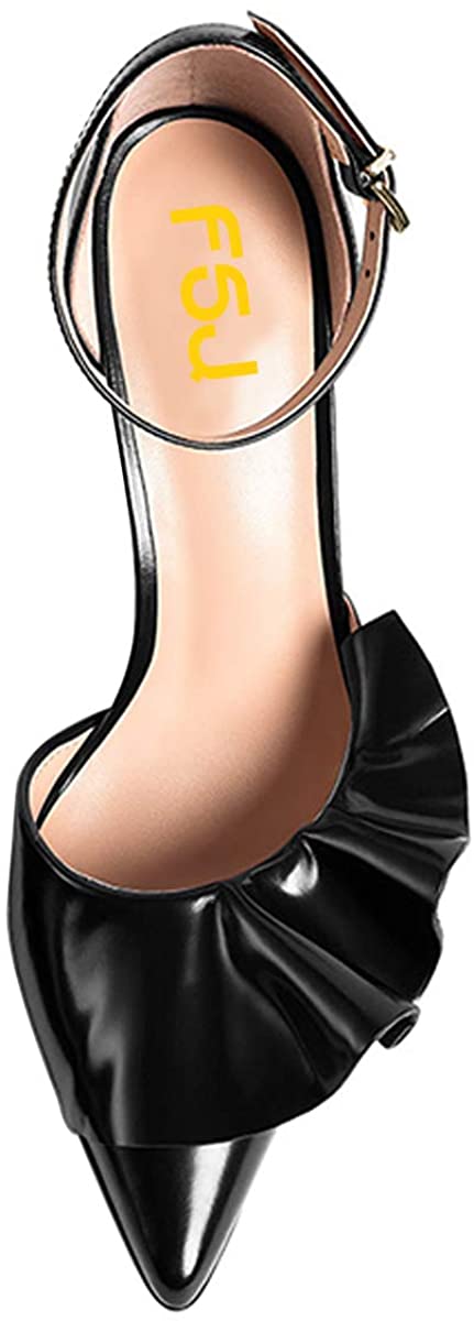 FSJ Women Fashion High Stiletto Heel Pumps Ankle Strap Adjustable Buckle Sandals Pointed Closed Toe Patent Leather Ladies Girls Prom Party Summer Dress Shoes with Ruffles Size 4-15 US