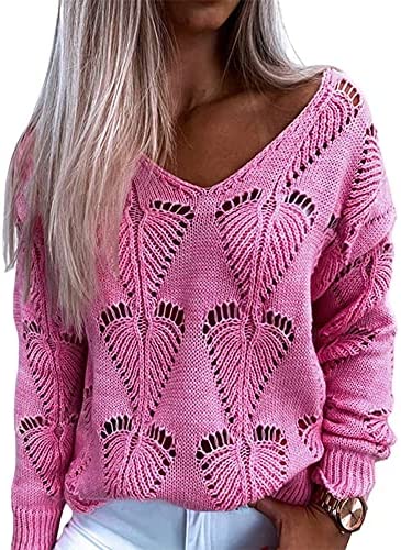 Women Leaf Hollow Crochet Sweater Knitwear V-Neck Loose Casual Long Sleeve Pullover Top