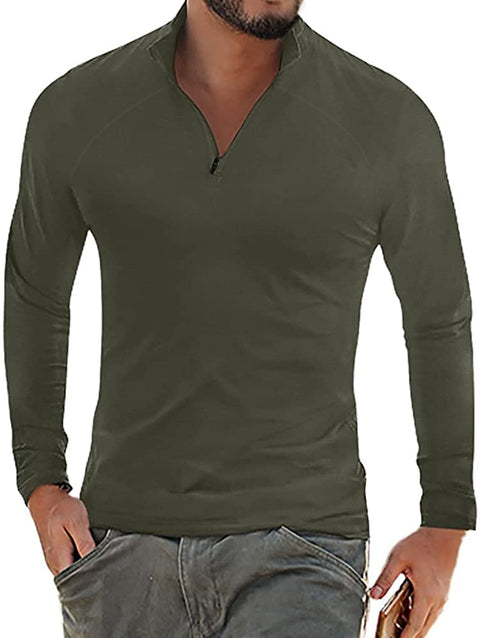 Men's Quarter Zip Long Sleeve Polo Shirt V Neck Casual Basic Slim Fit Cotton Shirts Tops