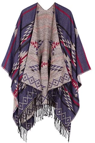 Women's Printed Tassel Open front Poncho Cape Wrap Shawl