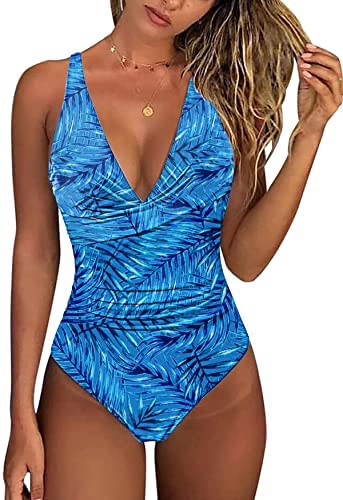 Zwurew Women One Piece V Neck Print Swimwear Swimsuit Solid Bodysuit Monokini Bather Bathing Beachwear