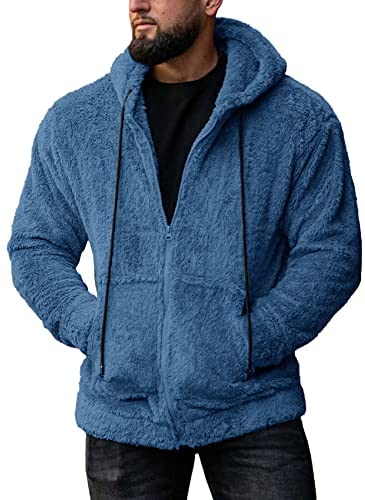 Mens Pullover Hoodie Fluffy Full Zip Sherpa Fleece Sweatshirts Fashion Casual Hooded Winter Warm Outwear with Pockets