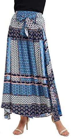 Womens Border Print Pull-on Elastic Waistband Long Skirt Neck Tie Dress