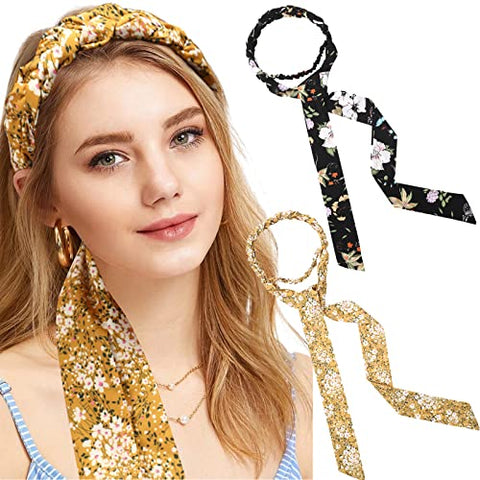 Long Hug Head Wrap Headband - 3PCS Chiffon Twisted Turban Head Wraps Criss Cross Hair Band Long Scarf (Floral(Pink+White+Black))