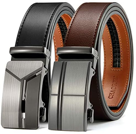 Belts Men, CHAOREN Leather Ratchet Belt 2 Pack with Click Sliding Buckle 1 3/8" in Gift Set Box - Adjustable Trim to Fit