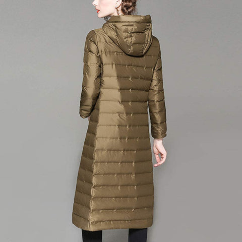 Women's Hood Knee Length Buckle Fashion Down Jackets Solid Long Sleeve Coat