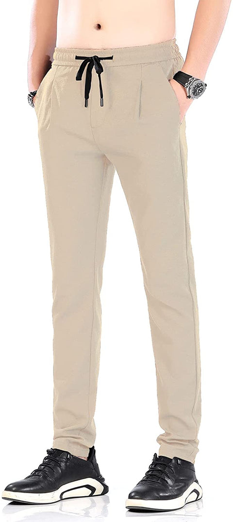 Plaid&Plain Men’s Linen Like Seersucker Pants Slim Fit Beach Pants with Drawstring
