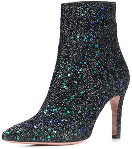 Women Chic Sparkle Glitter Ankle Boots Pencil Heel Zip Up Pointy Toe Fashion Short Booties Size 4-15 US