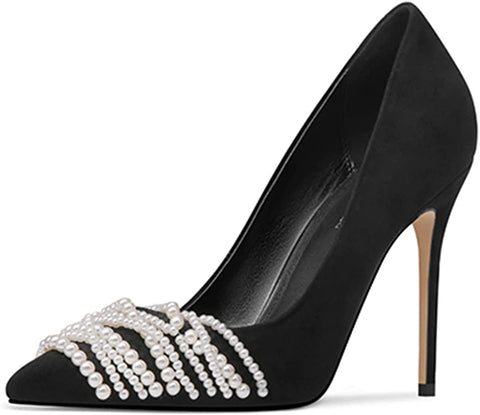 FSJ Women's White Pearl Strings Pointed Toe High Heel Pumps Stiletto Slip On Faux Suede Elegant Ladies Comfy Wedding Dress Party Shoes Size 4-15 US