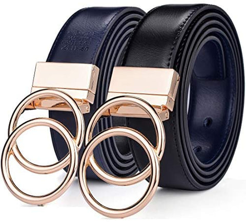 Beltox Women Belt Leather 1.3” Reversible 2 in 1 Rotated 2 Rings Gold Buckle