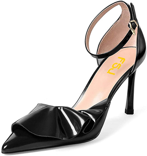 FSJ Women Fashion High Stiletto Heel Pumps Ankle Strap Adjustable Buckle Sandals Pointed Closed Toe Patent Leather Ladies Girls Prom Party Summer Dress Shoes with Ruffles Size 4-15 US