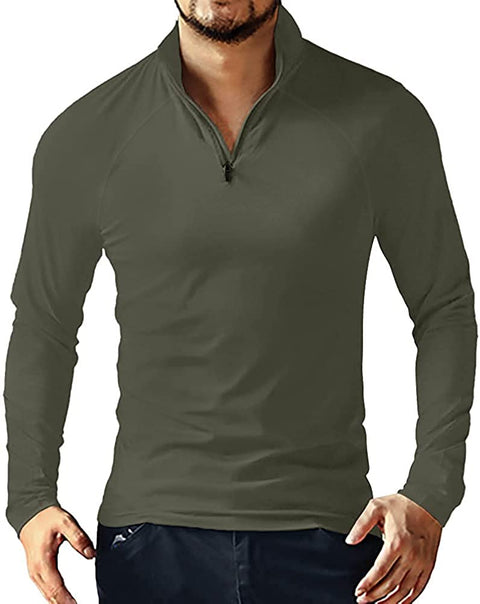 Men's Quarter Zip Long Sleeve Polo Shirt V Neck Casual Basic Slim Fit Cotton Shirts Tops