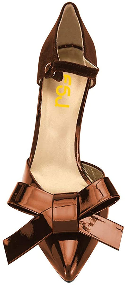 FSJ Women Close Pointed Toe Pumps Bow Ankle Strap Middle High Stiletto Heels Shoes