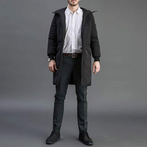 Men's Pocket Fashion Hooded Handsome Thicken Down Cotton Jacket Zipper Winter Long Coat
