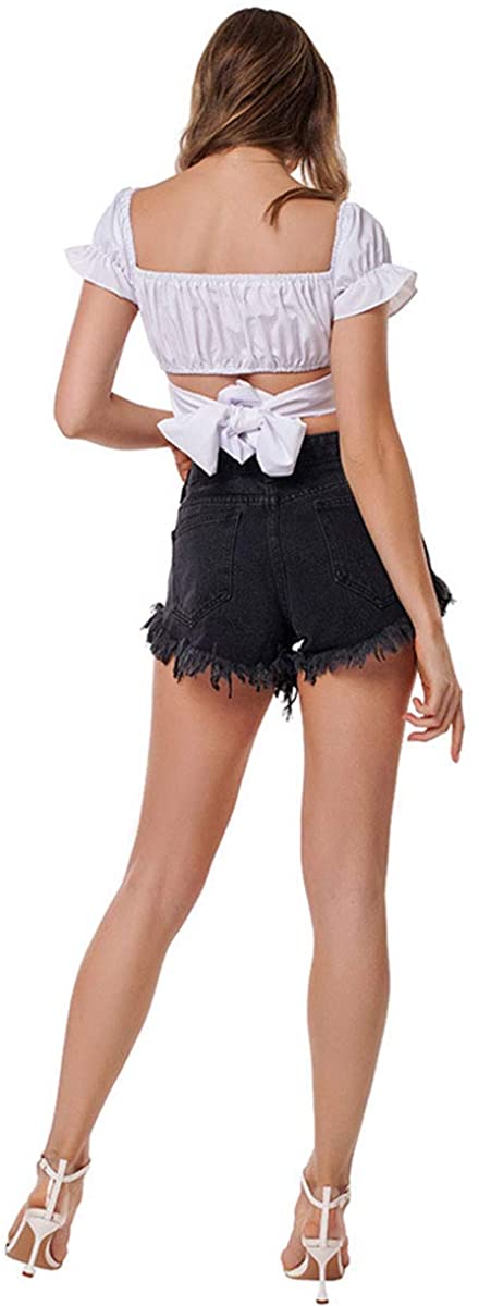 Women's Solid Summer Frayed Hem Casual High Waist Denim Shorts