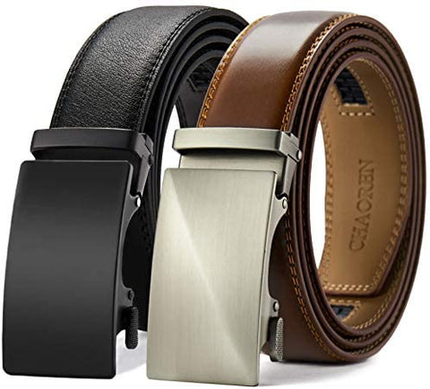 Belts Men, CHAOREN Leather Ratchet Belt 2 Pack with Click Sliding Buckle 1 3/8" in Gift Set Box - Adjustable Trim to Fit