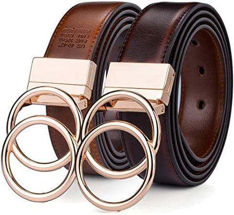 Beltox Women Belt Leather 1.3” Reversible 2 in 1 Rotated 2 Rings Gold Buckle