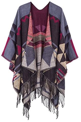Women's Printed Tassel Open front Poncho Cape Wrap Shawl