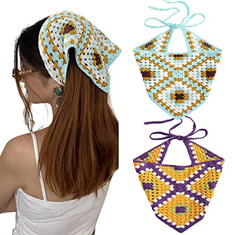 Crochet Bandana Head Kerchief Hair Scarf 2Pcs Knitted Hair Scarves Crochet Hair Kerchief Tie Bcak Headwrap Floral Hair Bandanas for Women Girls Scarf (Daisy(Black+Beige))