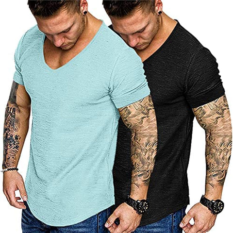 Mens 2 Pack Muscle V Neck T Shirt Fitted Gym Workout Short Sleeve Tee