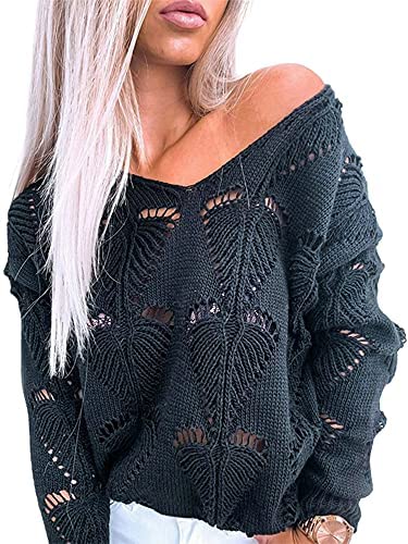 Women Leaf Hollow Crochet Sweater Knitwear V-Neck Loose Casual Long Sleeve Pullover Top