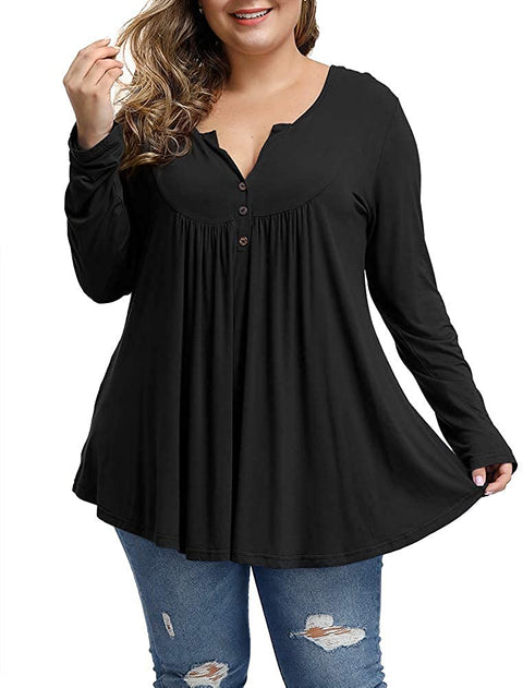 Women's Plus Size Tunics Button Up Henley V Neck Tops Pleated Long Sleeve Tunic Shirts