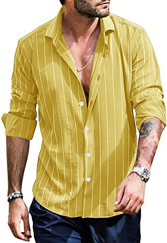 Men's Striped Long Sleeve Shirts Button Down Casual Roll Up Sleeve V Neck Beach T-Shirts Linen Tops