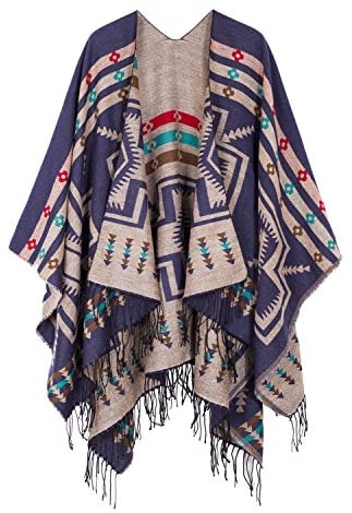 Women's Printed Tassel Open front Poncho Cape Wrap Shawl