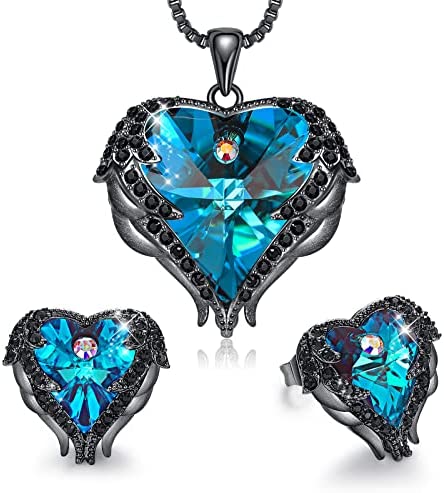 Angel Wing Love Heart Necklaces and Earrings Silver Jewelry Sets