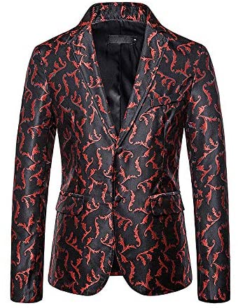 Men's Printed Embroidery Relaxed Breasted Two Button Blazer Casual Notched Lapel Party Stylish Coat