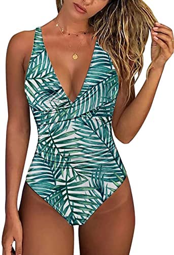 Zwurew Women One Piece V Neck Print Swimwear Swimsuit Solid Bodysuit Monokini Bather Bathing Beachwear