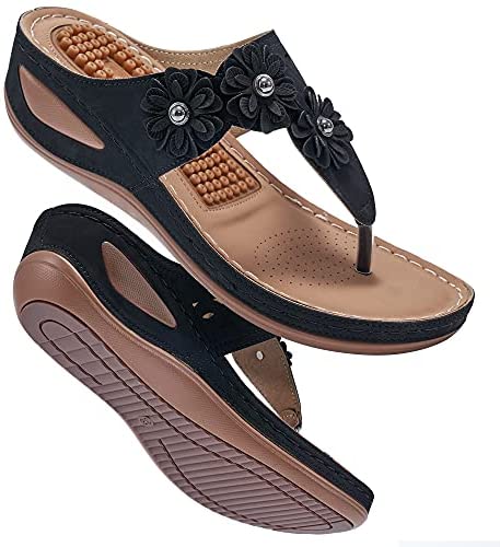 Womens Wedge Flip Flops Sandals with Arch Support Summer Comfortable Platform Bohemia Flat Shoes Massage Function Casual Thong Sandal