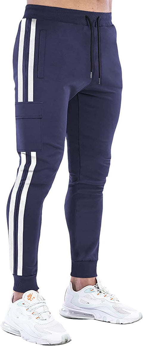 elselect Men's Joggers Cargo Pants Casual Sport Athletic Sweatpants Gym Workout Track Pant with Stripes