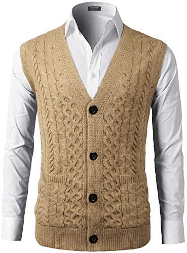 Mens Slim Fit V-Neck Cable Knit Sweater Vest with Front Button