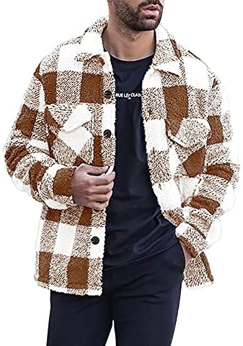 Mens Sherpa Fleece Plaid Jacket Shirt Button up Cozy Plush Shacket Loose Fit Outwear Coat