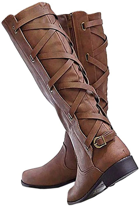 Ruanyu Womens Winter Knee High Boots Riding Strappy Lace Up Low Heel Combat Boots Brown