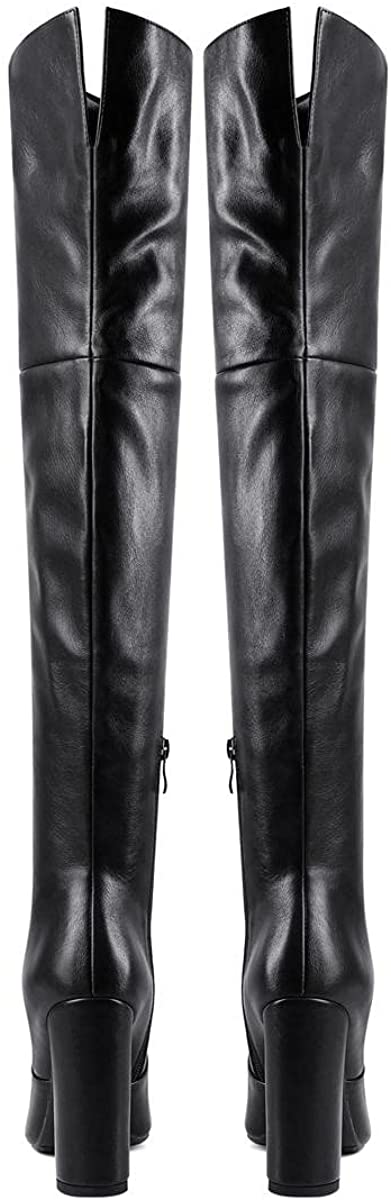 WAYDERNS Women's Winter Pointed Toe Block High Heel Zipper Thigh High Fur Lining Boots 4 Inch