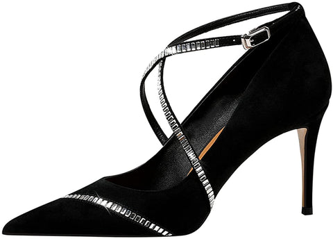 FSJ Women's Pointed Toe High Heels Pumps Crisscross Strappy Crystal Rhinestones Pumps Ladies Ankle Buckle Strap Dress Party Shoes Size 4-15 US